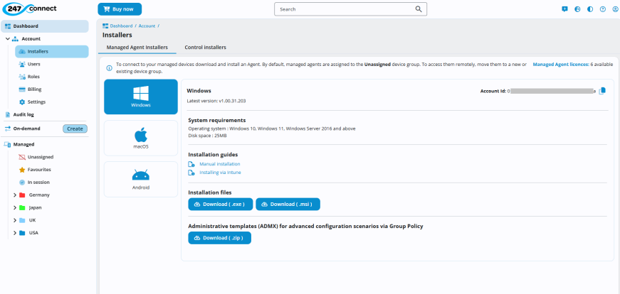 Installers page showing the Managed Agent Installers tab with Windows selected. It displays version info, system requirements, and installation guides. Installation files are available as .exe, .msi, and .zip (ADMX templates). Account ID is shown, along with Managed Agent licences available. 